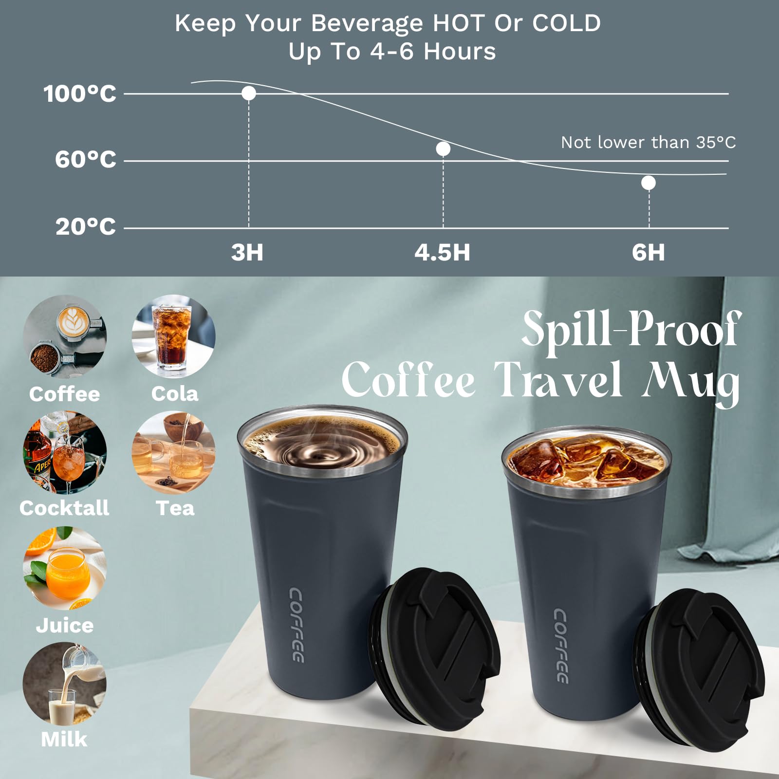 YINBAOGE 304 stainless steel inner for safe, odorless sipping