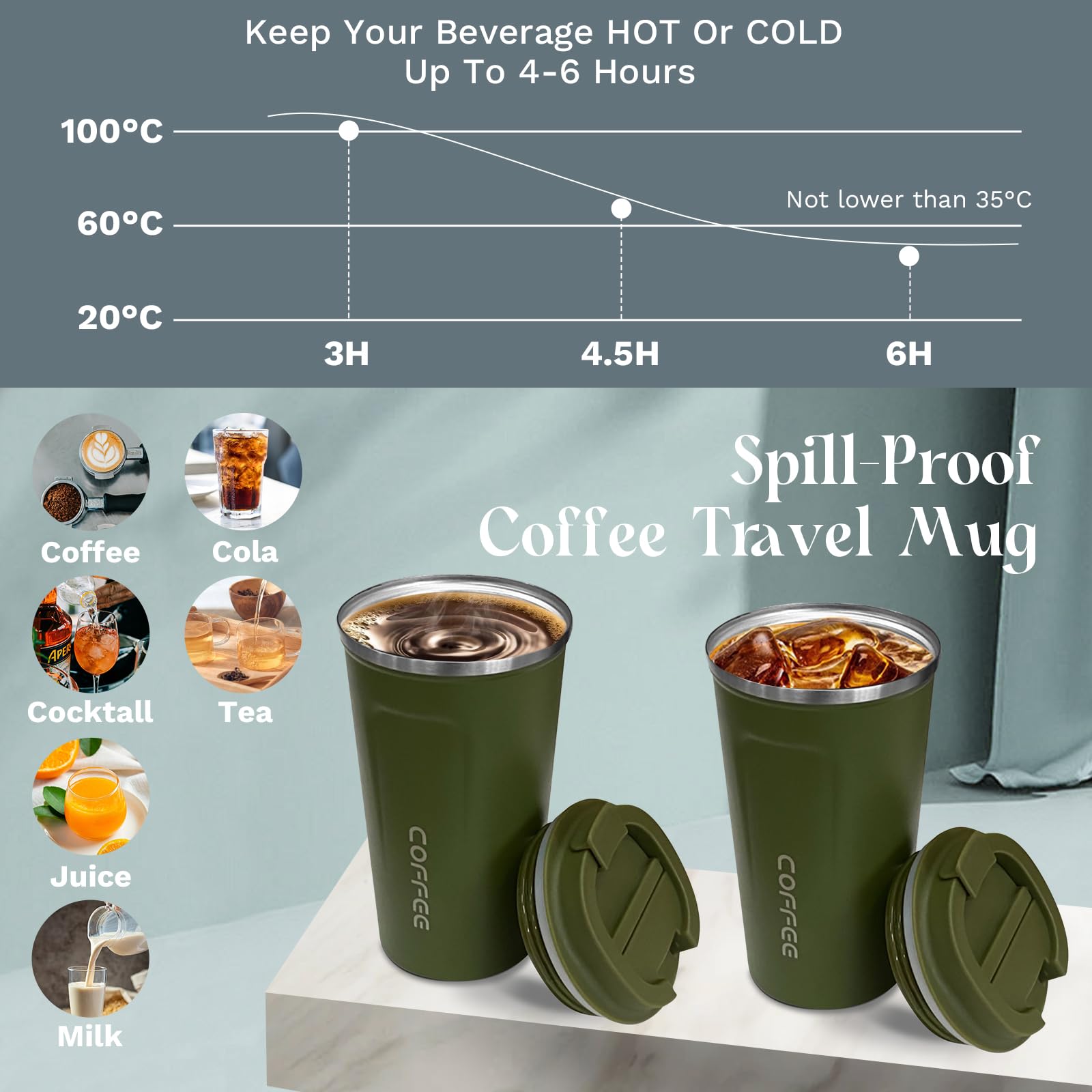 YINBAOGE double-wall vacuum insulation keeps beverages hot or cold.