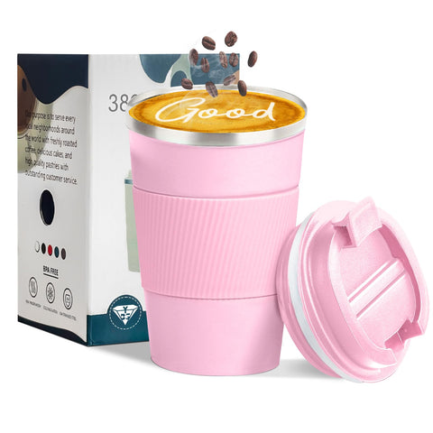 YINBAOGE pink insulated mug, top view for on-the-go hot drinks.