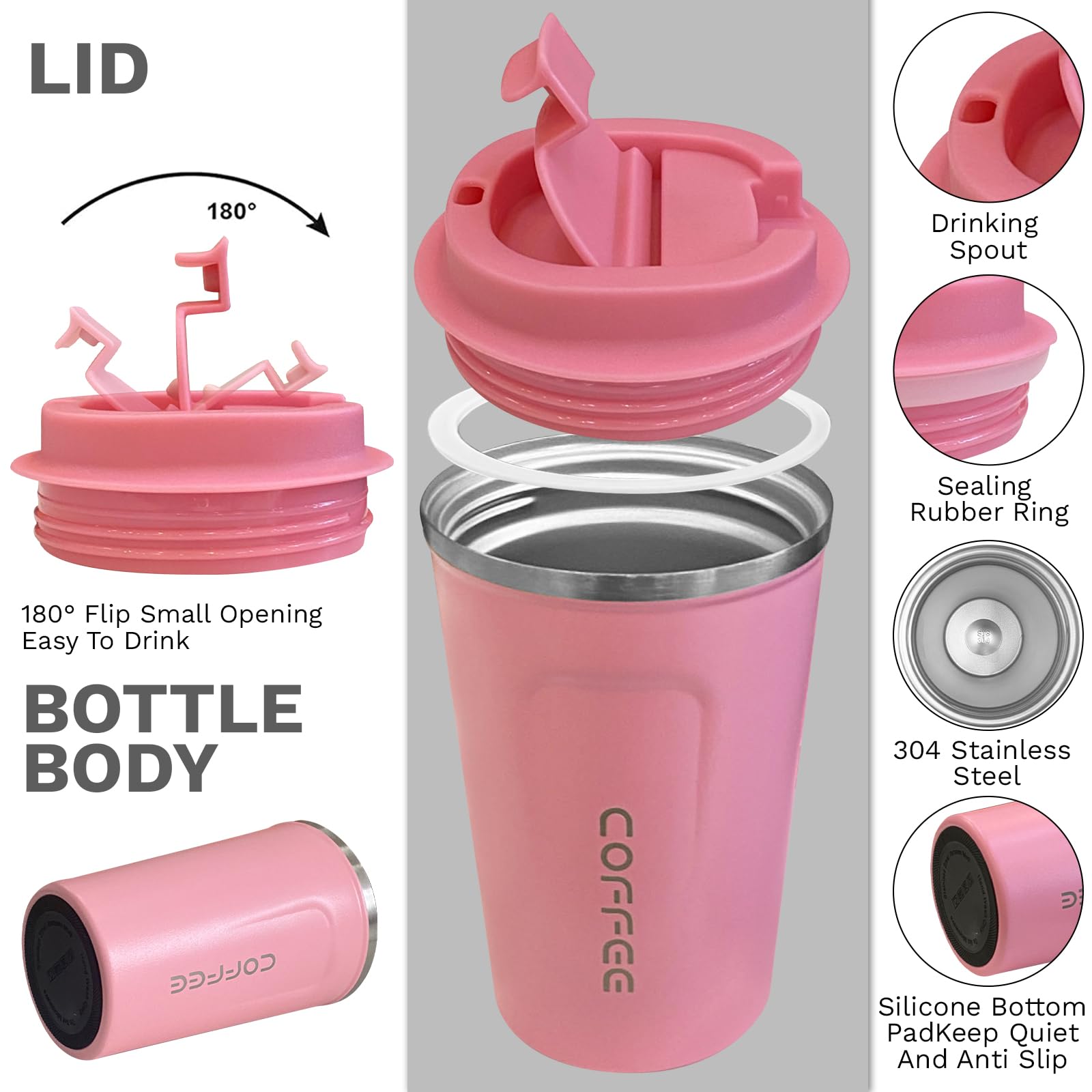 YINBAOGE travel mug pink lid close-up shows secure leakproof seal