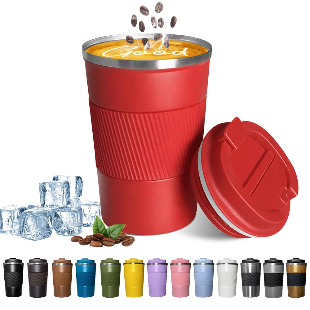 YINBAOGE insulated travel mug in red keeps beverages hot or cold on the go.