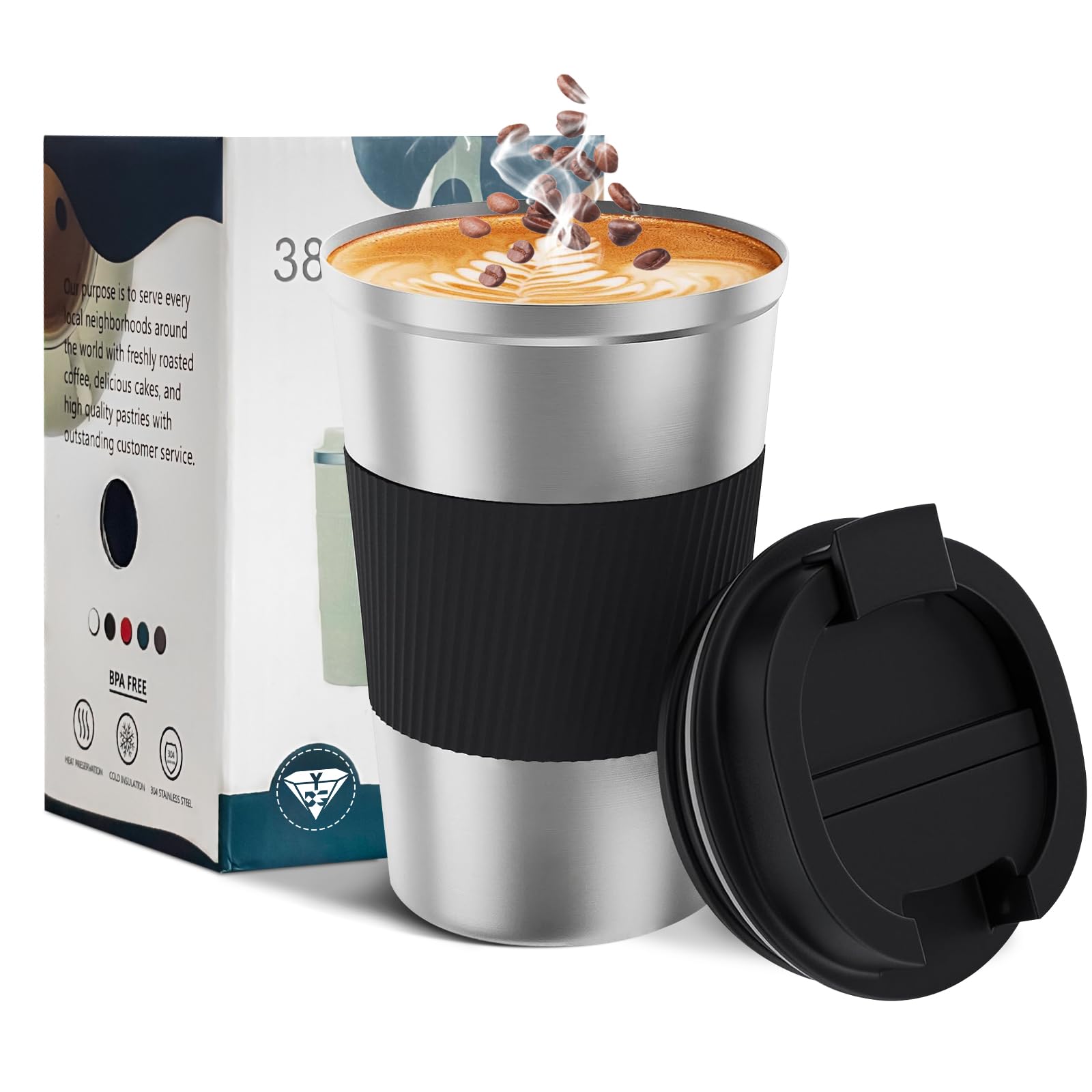 YINBAOGE insulated travel mug in silver and black showing on-the-go use and temperature control