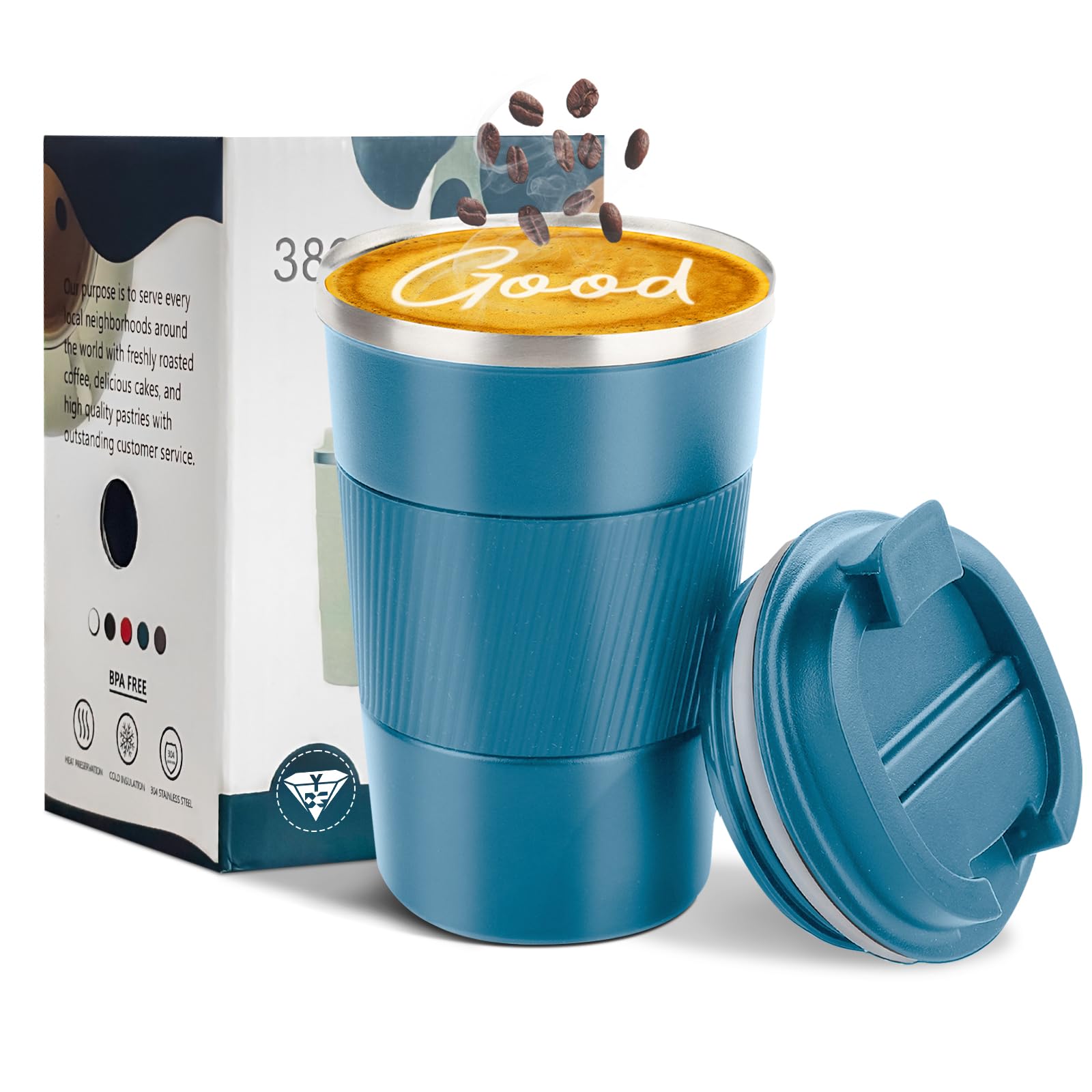 YINBAOGE blue 12oz insulated mug front view for hot or cold beverages