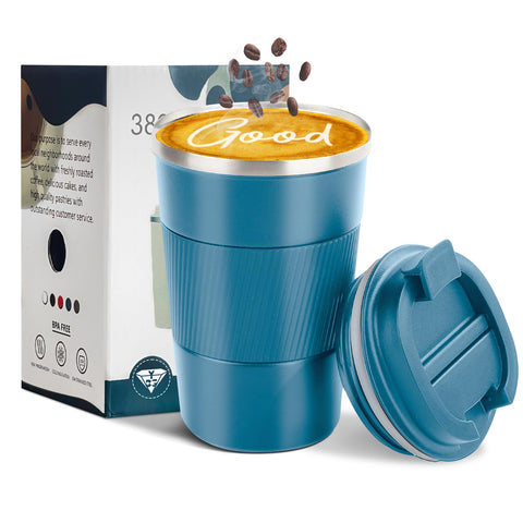 YINBAOGE blue 12oz insulated mug front view for hot or cold beverages