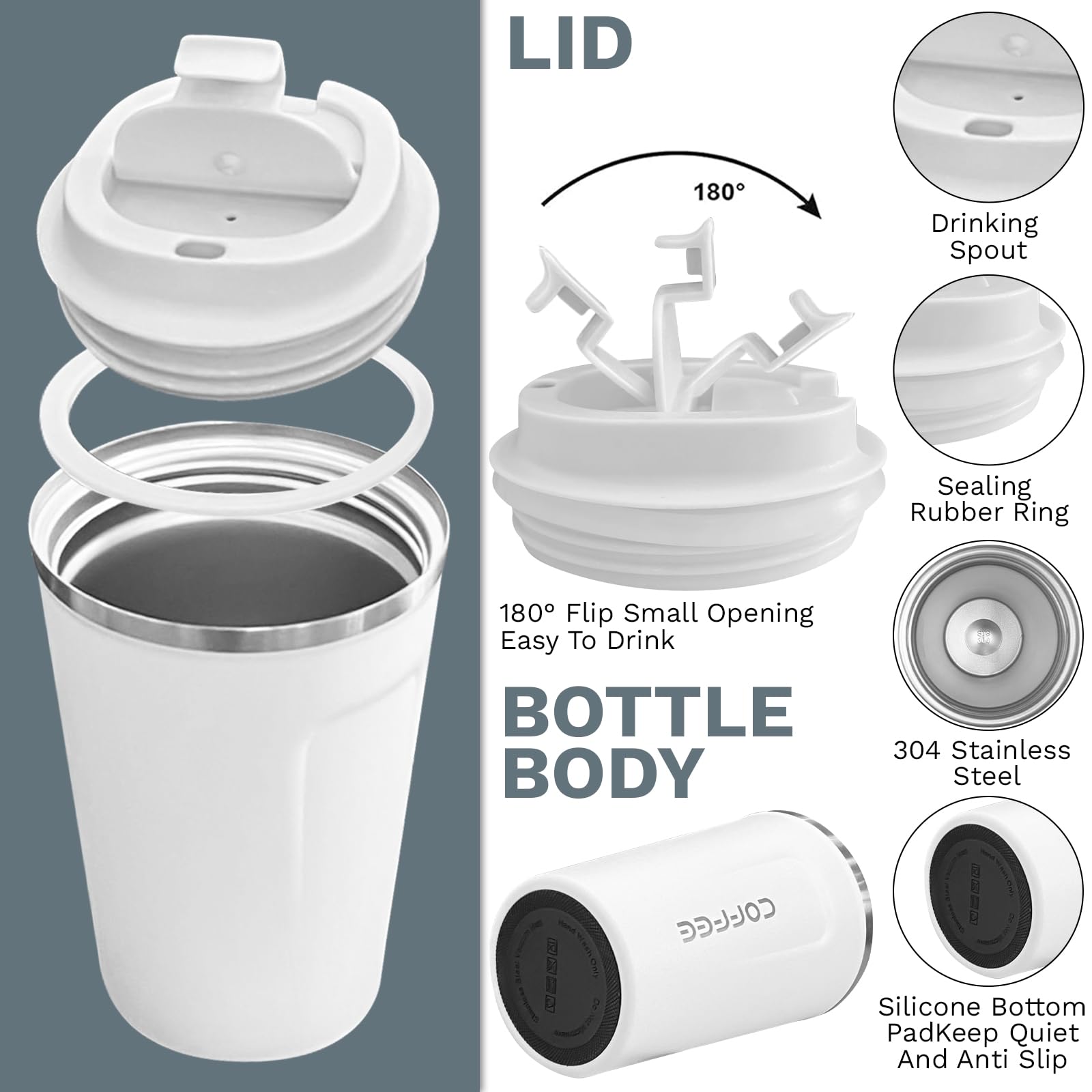 YINBAOGE travel mug side view showing sleek stainless steel and comfortable grip.