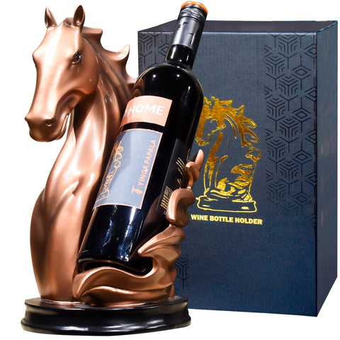 YINGAVERSAI bronze horse wine holder on a table serves as an elegant centerpiece.