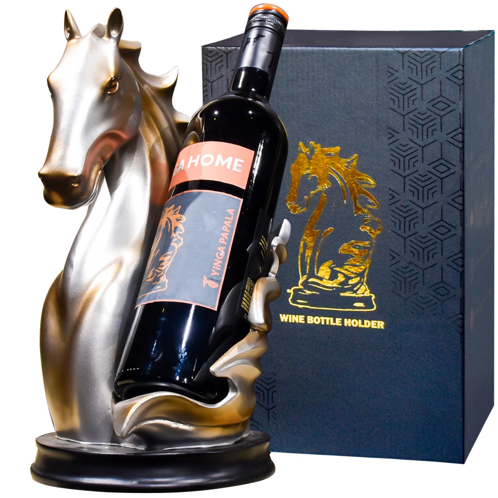 YINGAVERSAI horse wine rack on tabletop silver, stylish dining room centerpiece.