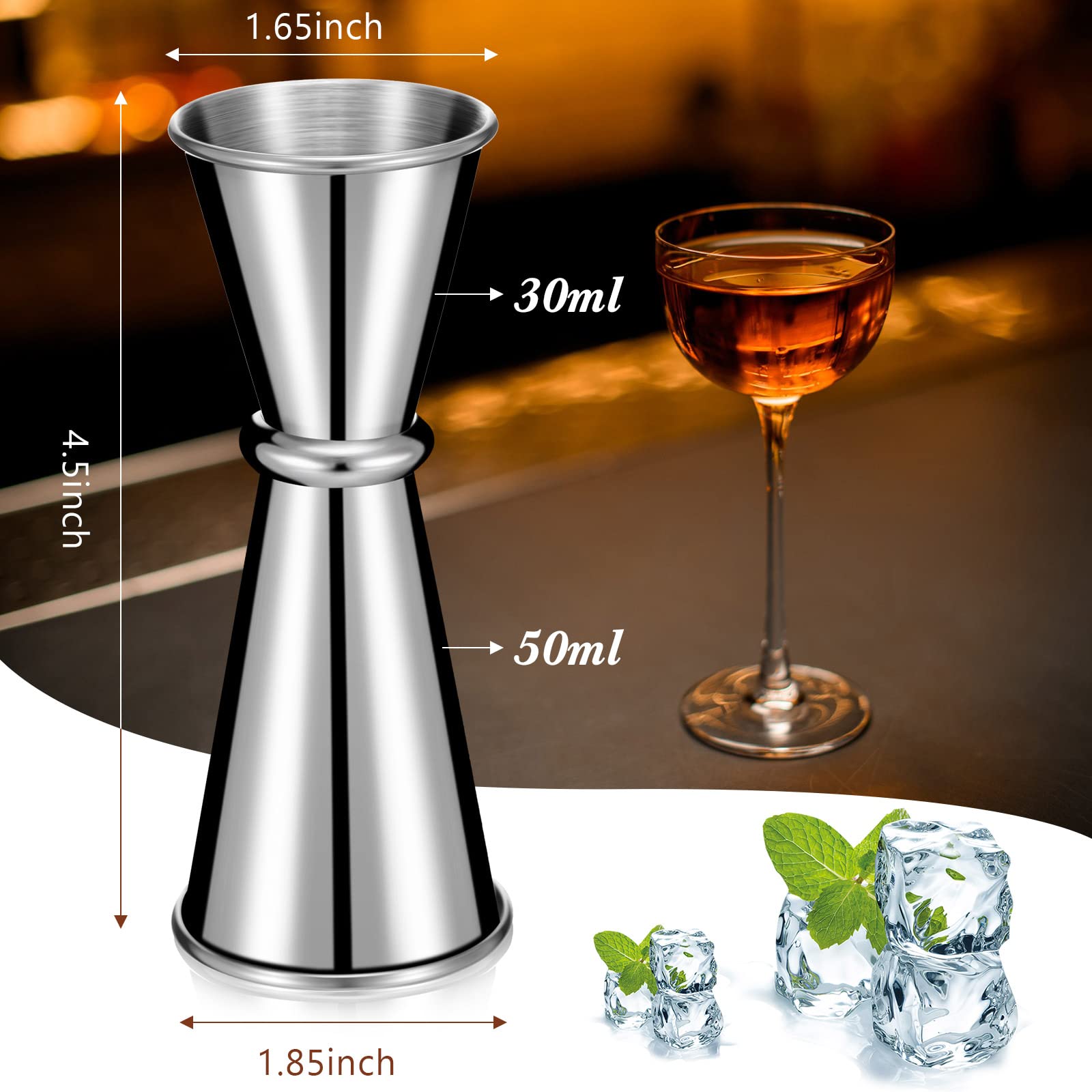 Yinkin stainless-steel double jigger close-up highlighting durable, rust-resistant build.