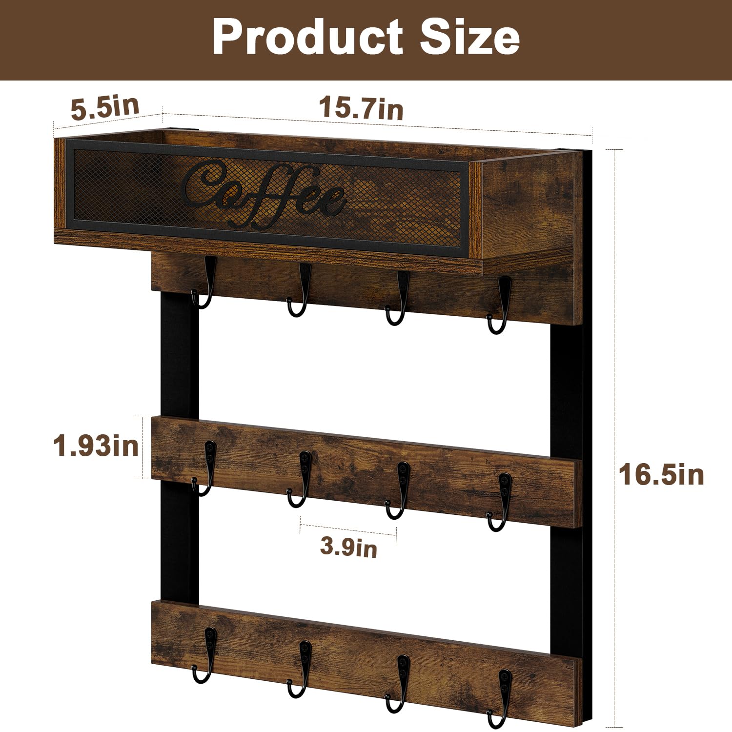 YINMIT wall-mounted mug rack displays COFFEE motif and durability