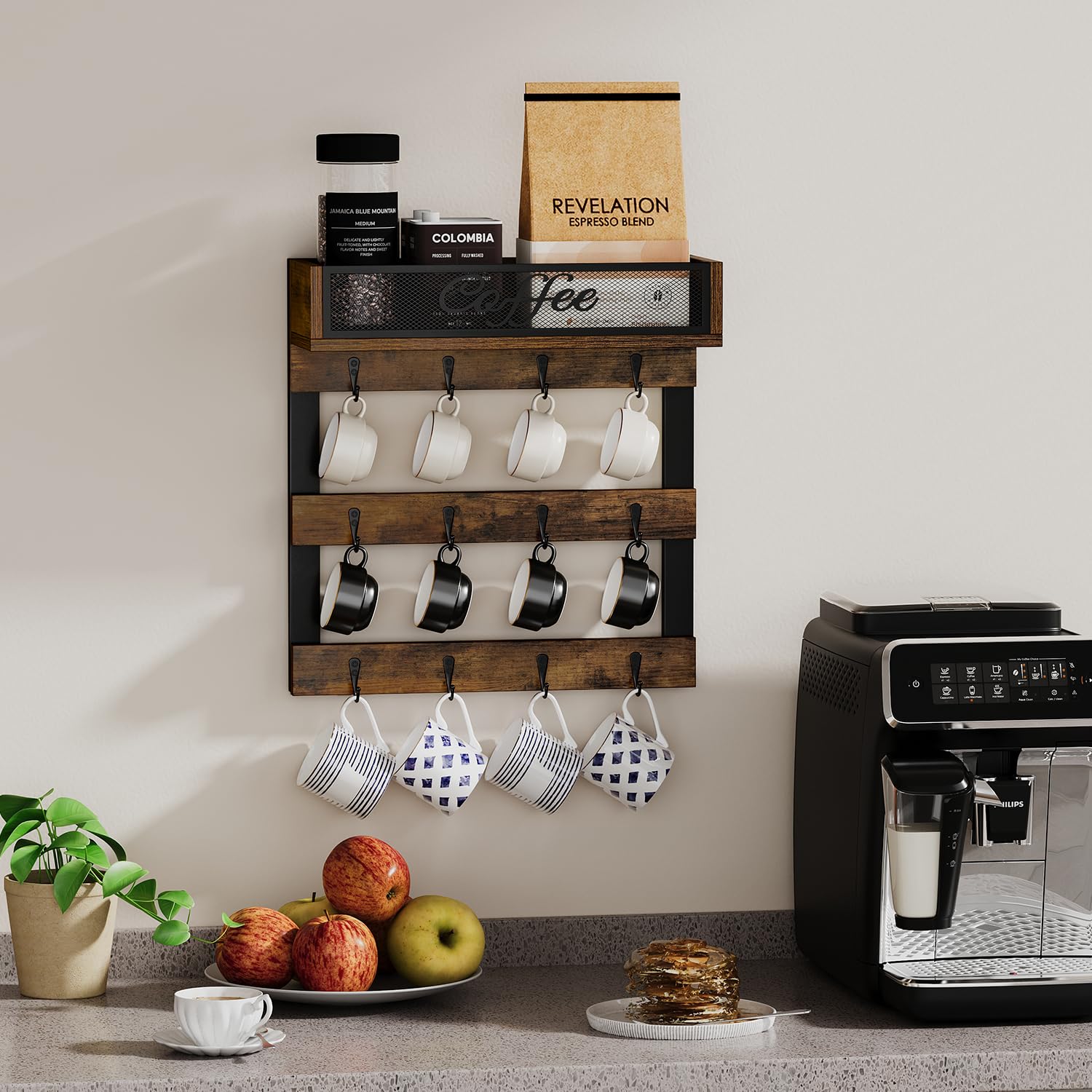 YINMIT coffee mug holder iron mesh front panel adds rustic charm