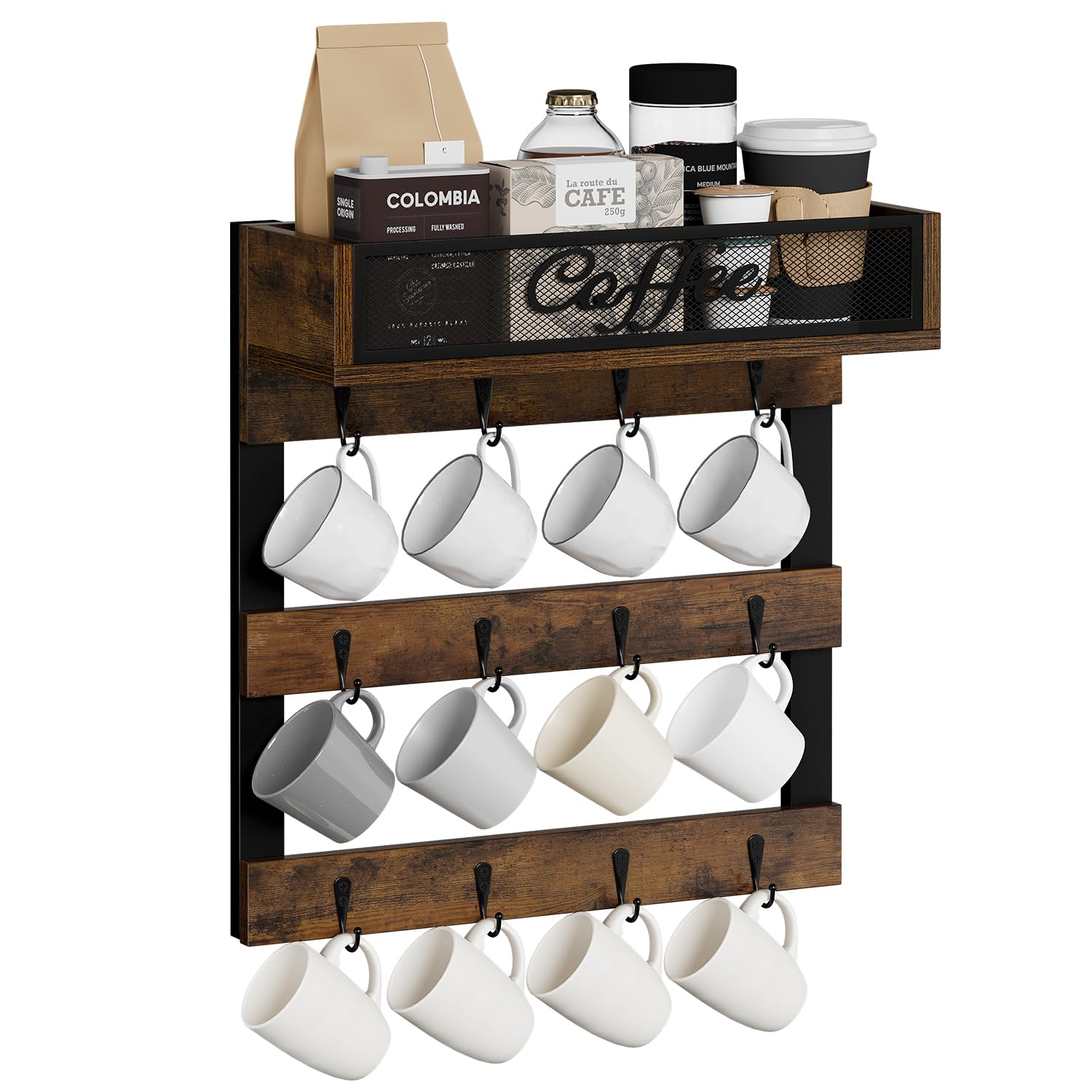 YINMIT coffee mug holder wall-mounted, showing 12 hooks for easy access
