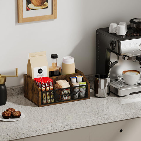 YINMIT coffee station organizer top view highlights removable dividers for flexible storage.