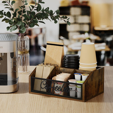 YINMIT coffee station organizer wooden shell adds rustic character to the counter.