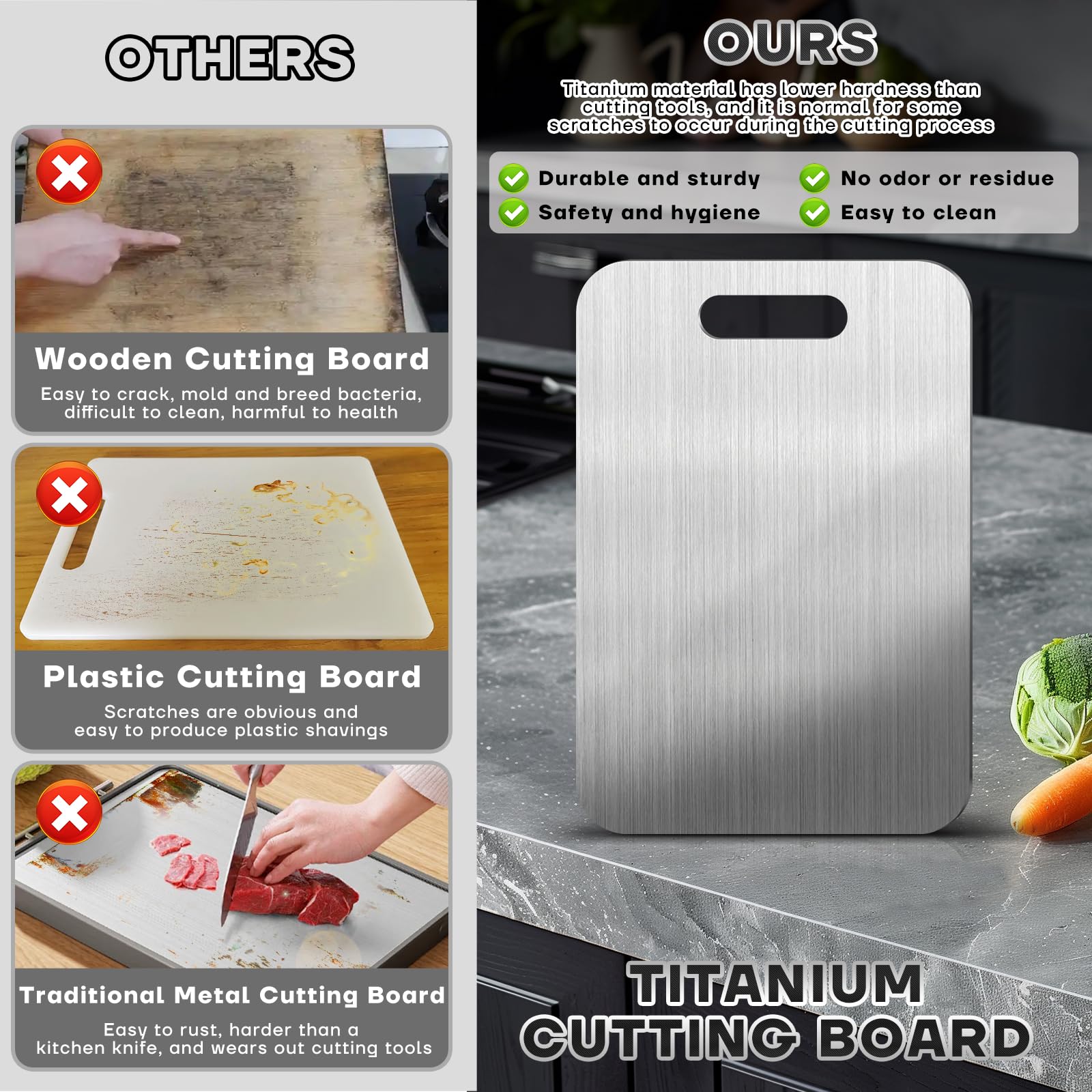 Yiorr Katuchef double-sided titanium board supports safe raw and cooked food prep.