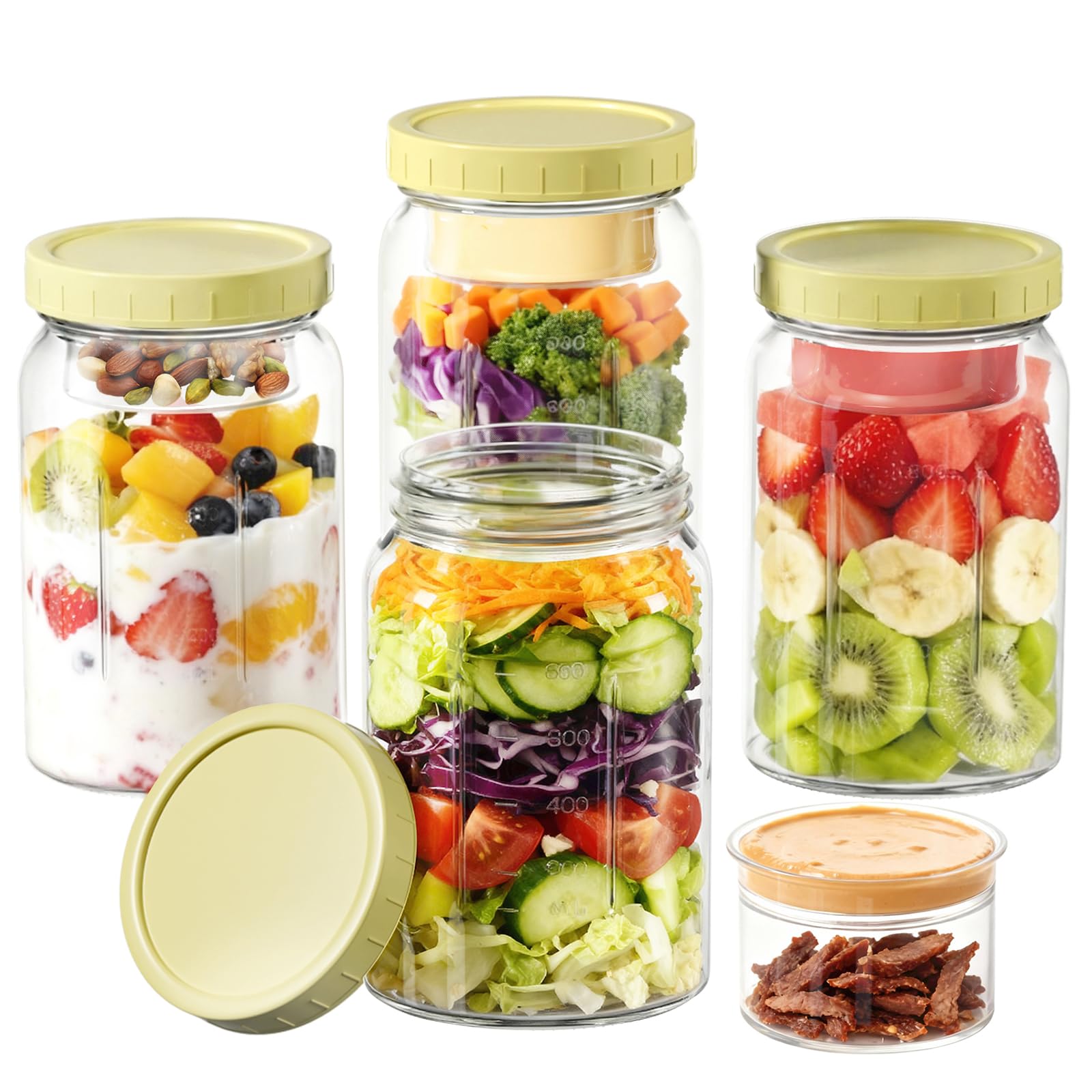 Yirilan 4-pack salad jar front view showing stacked jars for meal prep convenience