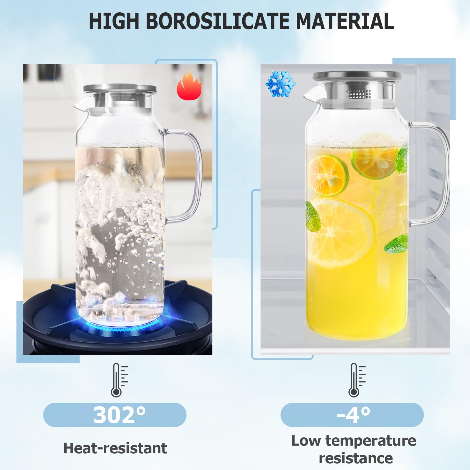 Yirilan glass pitcher with ergonomic handle for a comfortable grip while serving.