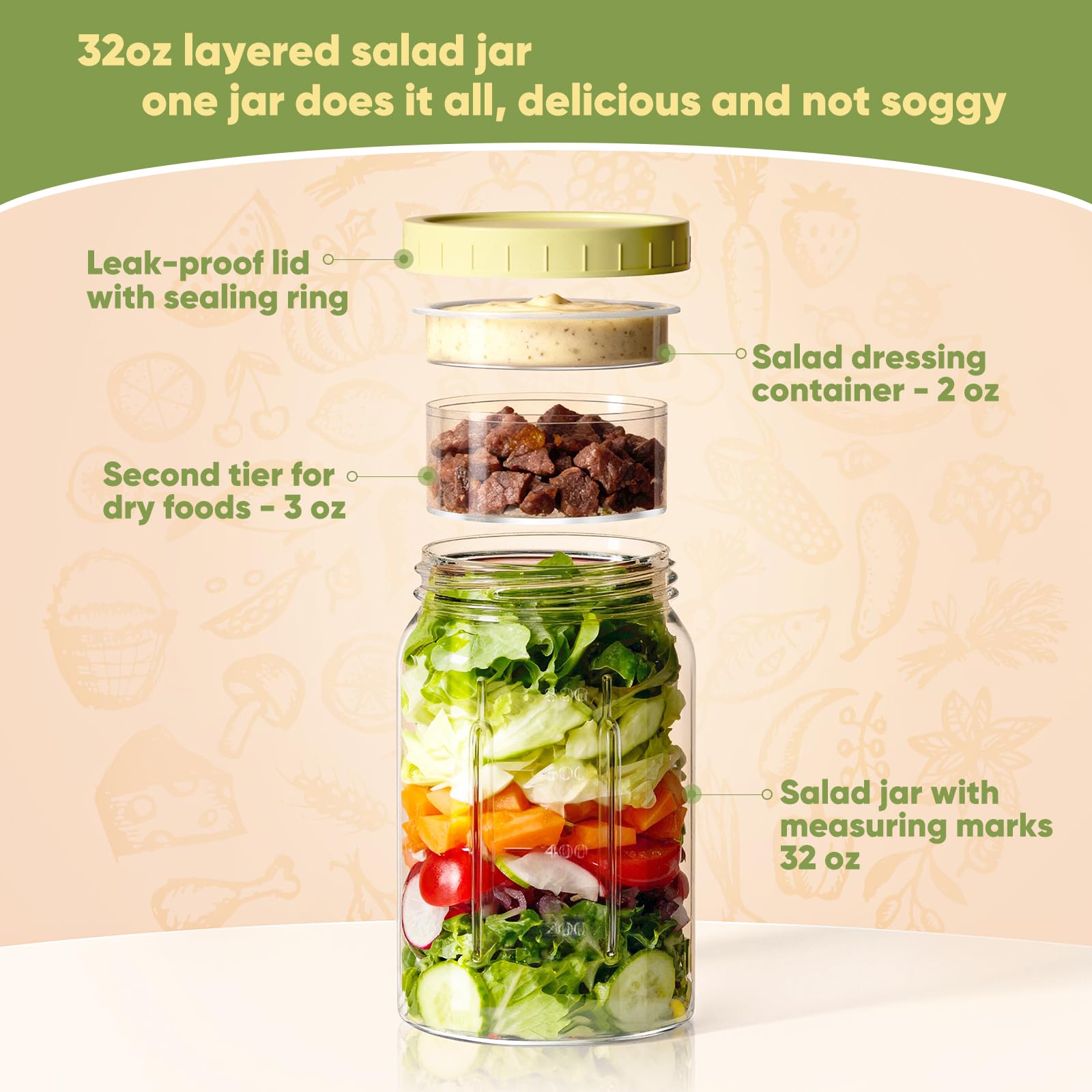 Yirilan salad jar dressing compartment open, highlighting built-in cup for fresh, mess-free dressings