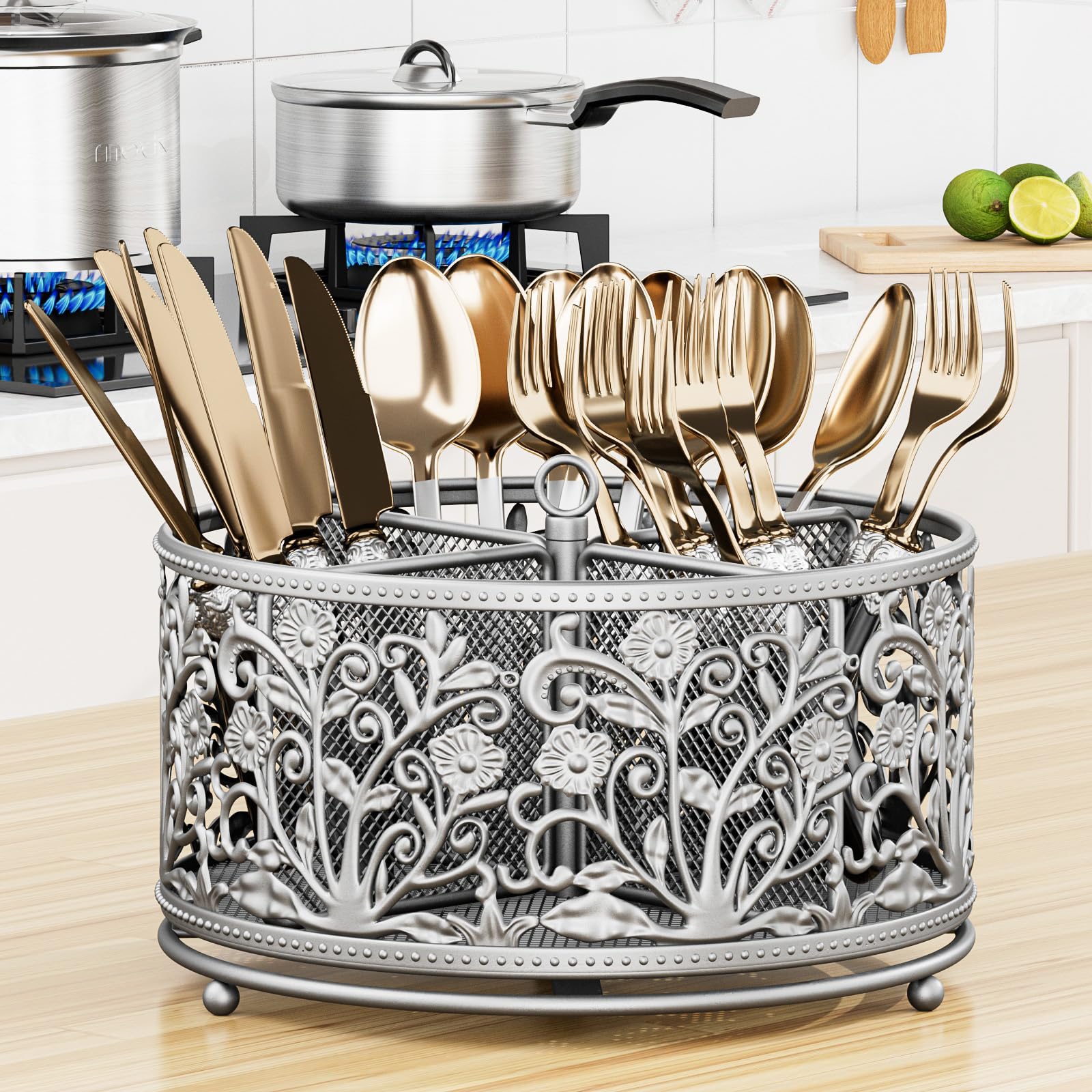 YIUKEA utensil caddy with floral-design side panels for stylish countertop organization.