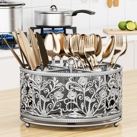 YIUKEA utensil caddy with floral-design side panels for stylish countertop organization.