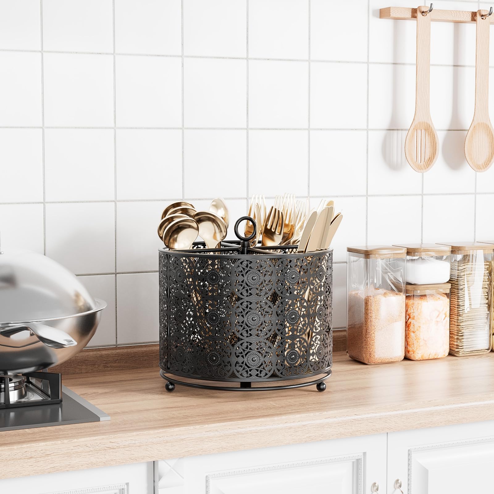 YIUKEA four-compartment silverware organizer neatly stores forks, knives, spoons on a slim counter.