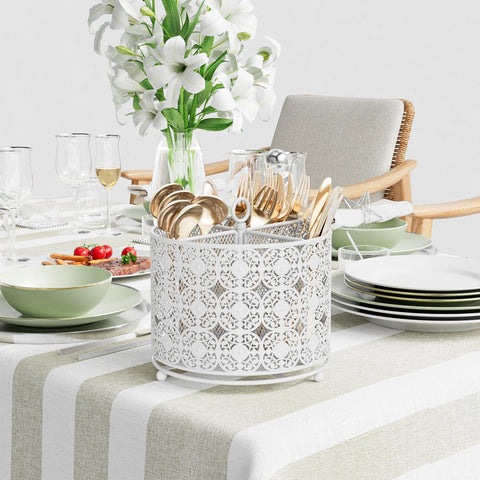 YIUKEA four-compartment silverware organizer for kitchen and office use.