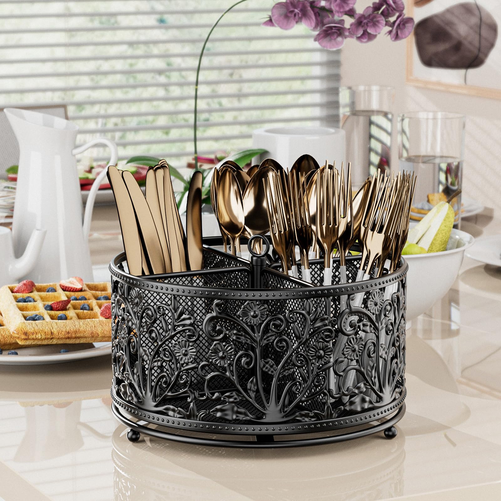 YIUKEA metal flatware organizer with four compartments keeps utensils neatly separated.