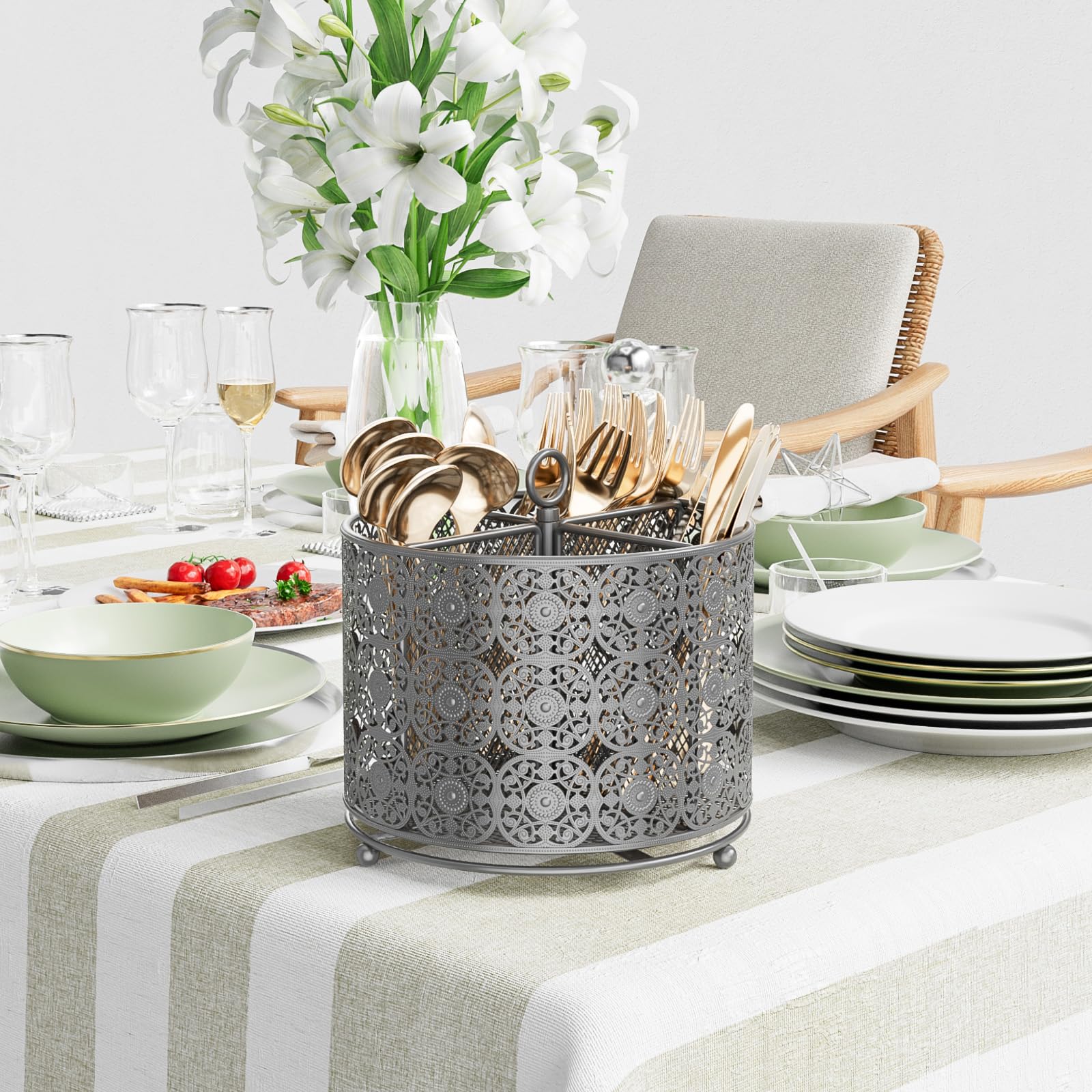 YIUKEA metal four-compartment organizer for cutlery and small tools.