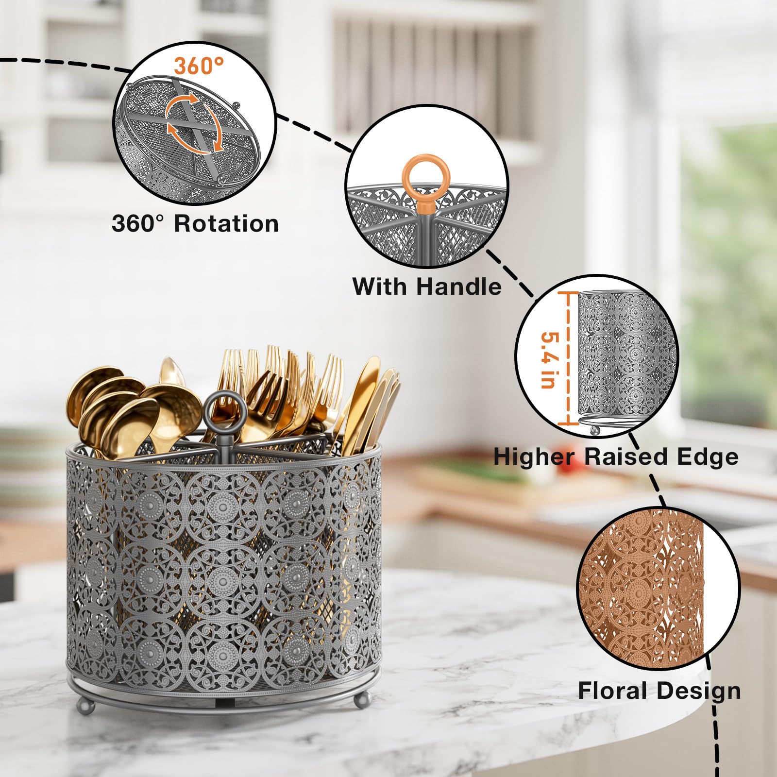 YIUKEA modern silver utensil organizer adds sleek style to spaces.