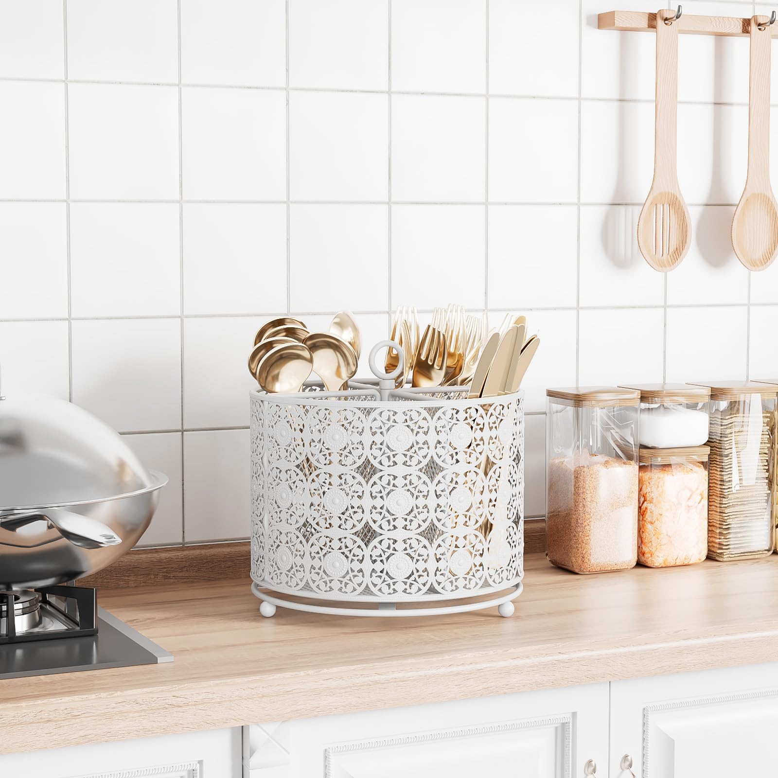 YIUKEA raised-cutlery caddy in white keeps utensils neatly separated.