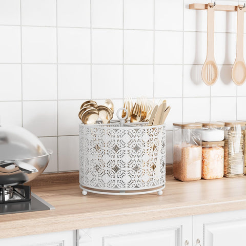 YIUKEA raised-cutlery caddy in white keeps utensils neatly separated.
