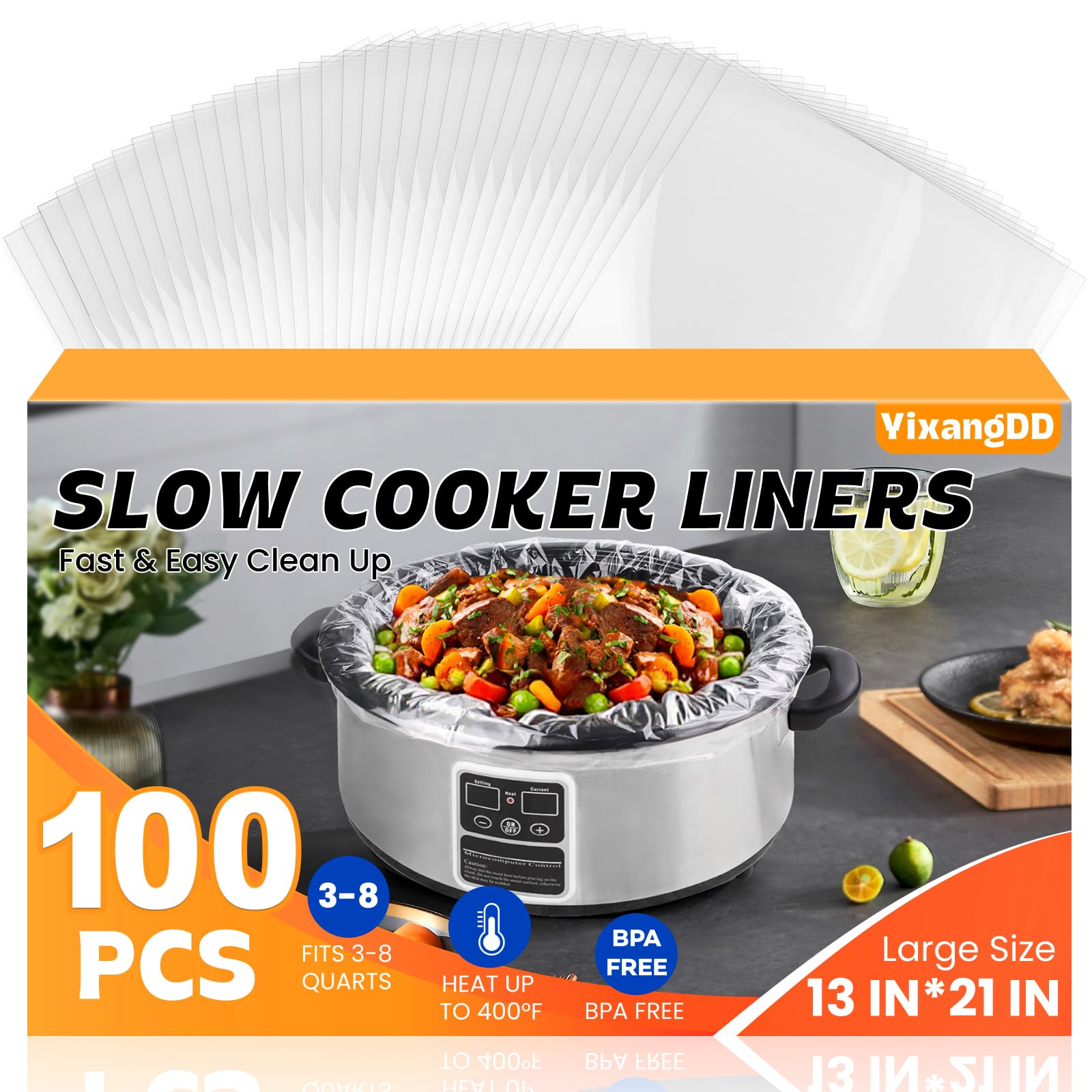 YixangDD slow cooker liners 100-pack box ready for easy meals.
