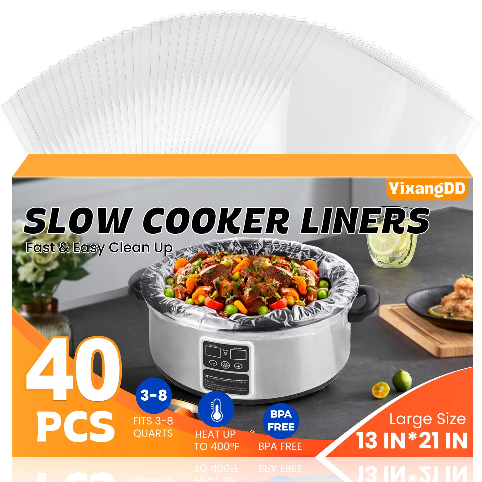 YixangDD 40-pack slow cooker liners package, 13-21 inches, ready for cooking.