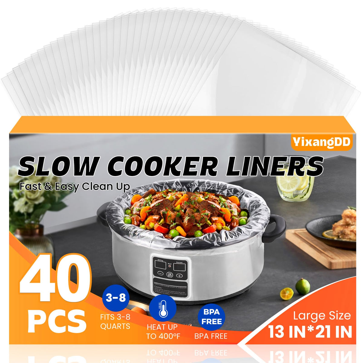 YixangDD 40-pack slow cooker liners package, 13-21 inches, ready for cooking.