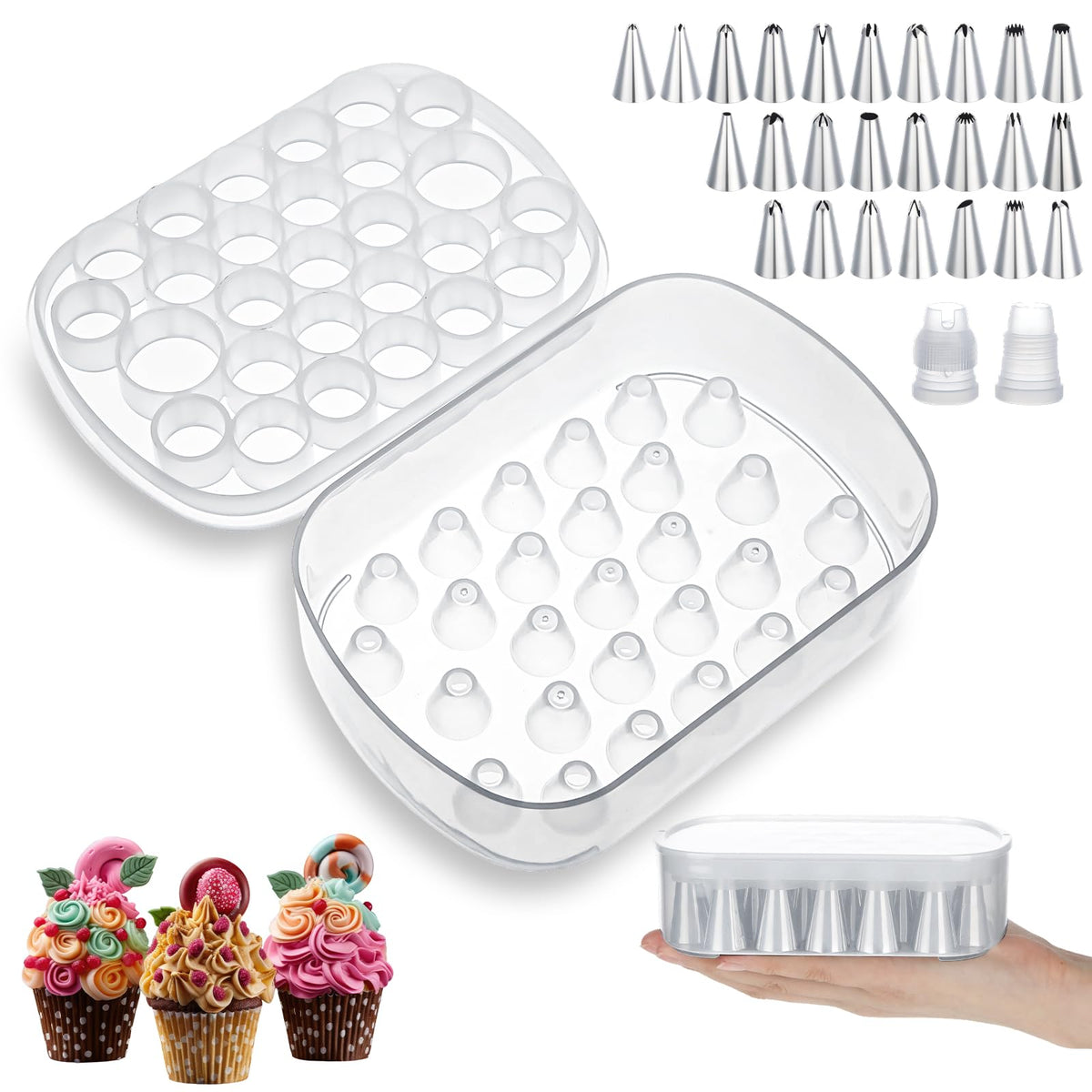 Yiyiring piping tip storage box with 27 grids keeps tips organized and hygienic.