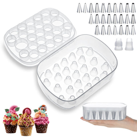 Yiyiring piping tip storage box with 27 grids keeps tips organized and hygienic.