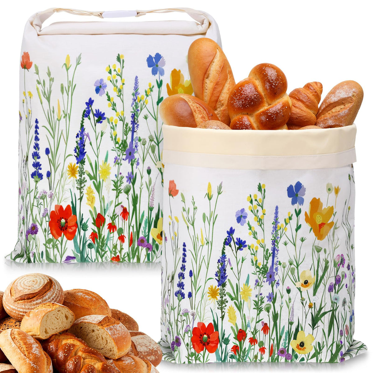 Yiyiring wildflower beeswax bread bags pattern on linen, 17x13 inches, keeps loaves fresh.