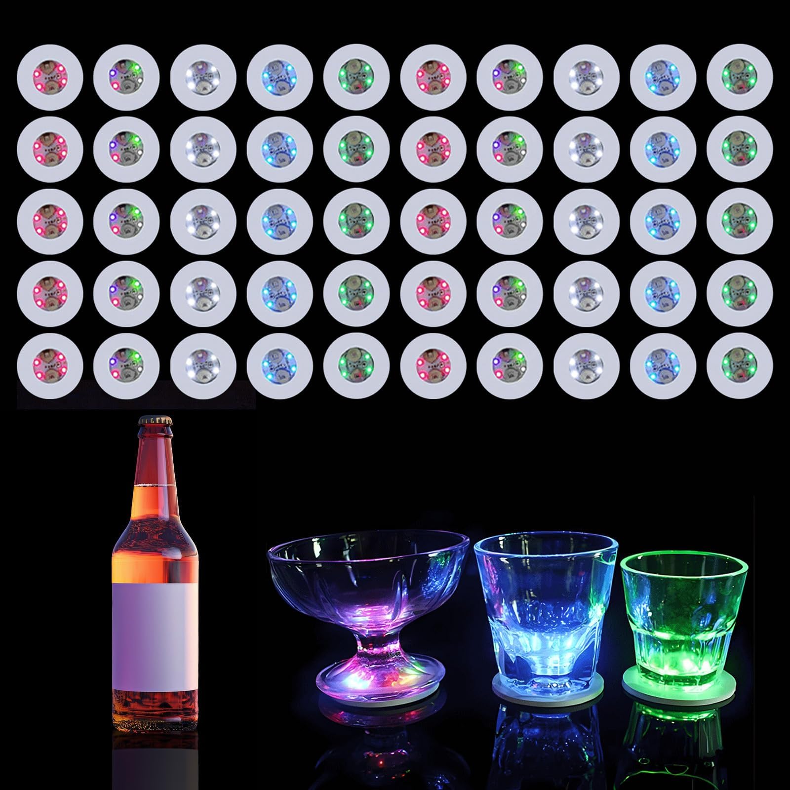 Yiypepy LED coaster 50-pack display glowing in party ambience for stylish serving.