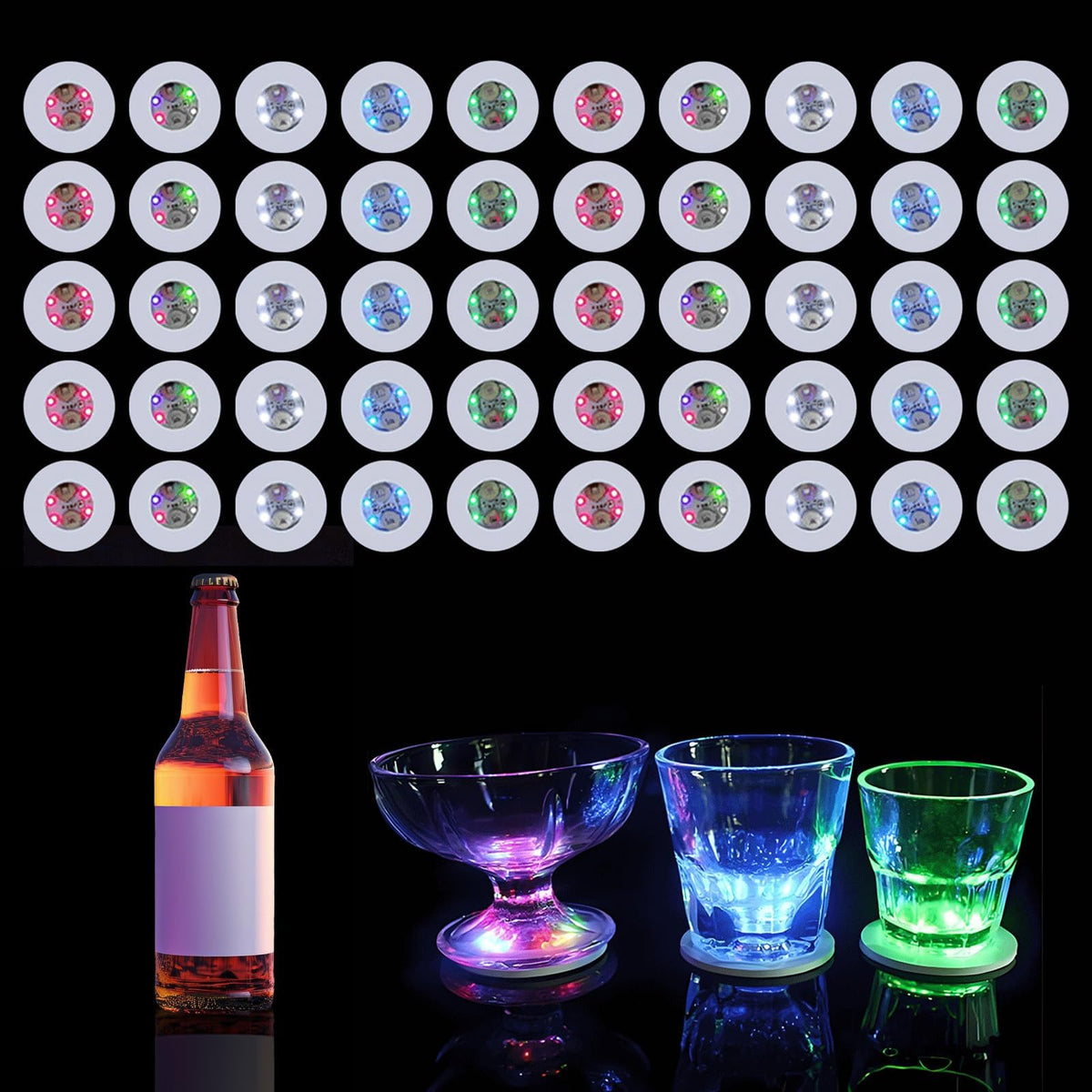 Yiypepy LED coaster 50-pack display glowing in party ambience for stylish serving.