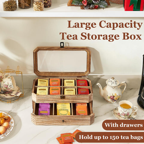YIYYZI spacious organizer holds up to 150 tea bags with clear capacity insight.