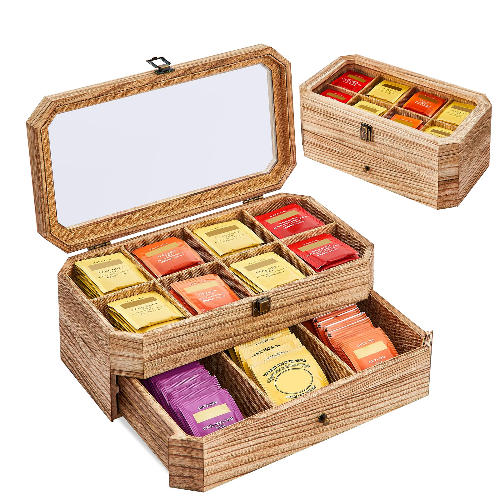 YIYYZI solid wood tea bag organizer viewed from top for organized tea storage.