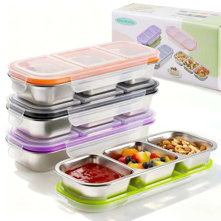 YJSLICT 4-pack stainless steel snack containers with lids, leak-proof and stackable.