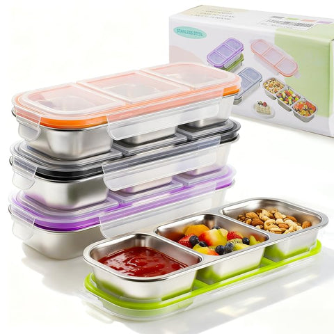 YJSLICT 4-pack stainless steel snack containers with lids, leak-proof and stackable.