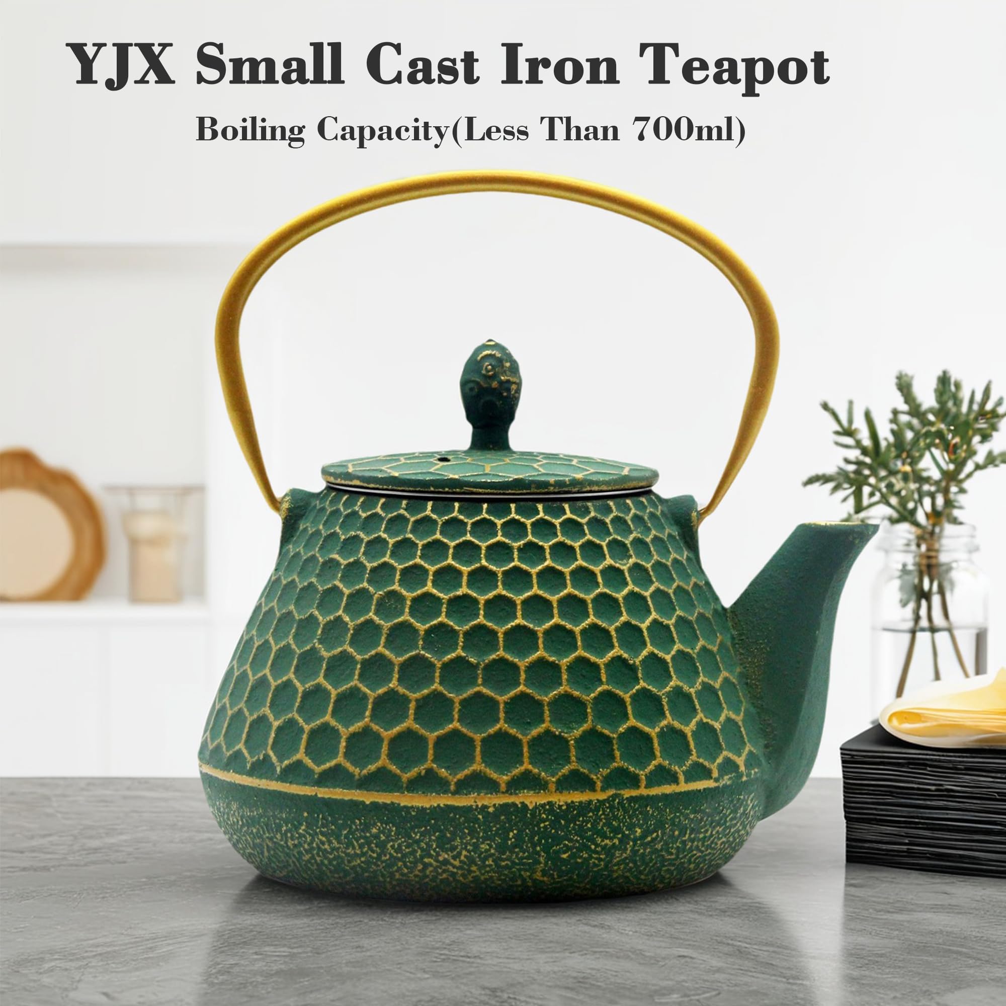 YJX cast iron tea kettle hex pattern enhances kitchen decor