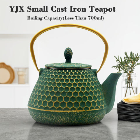 YJX cast iron tea kettle hex pattern enhances kitchen decor