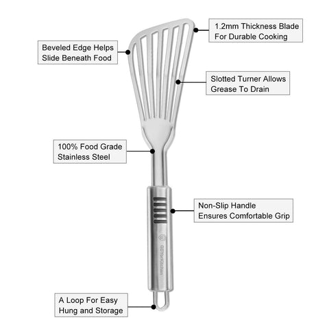 YK GDYORKITCHEN Premium Fish Spatula blade close-up reveals 1.2mm stainless steel for durability.