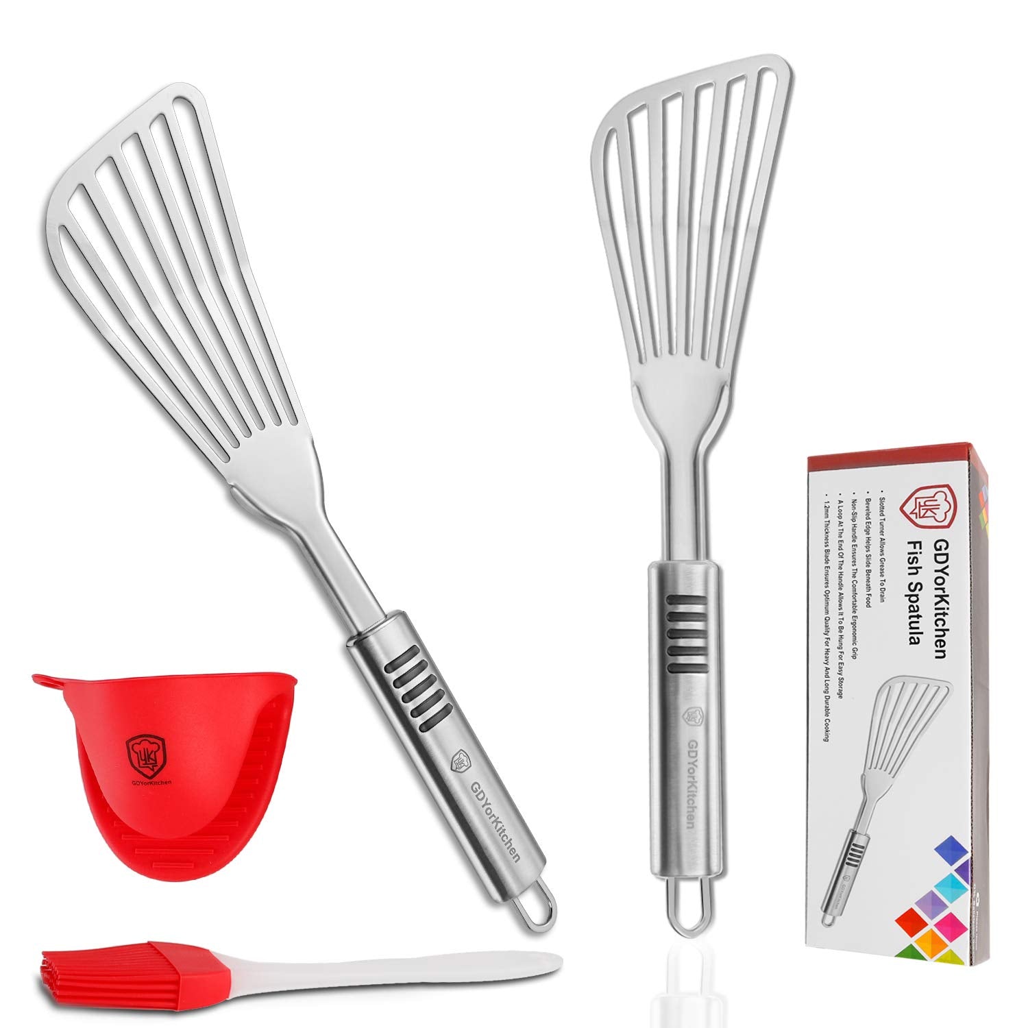 YK GDYORKITCHEN Premium Fish Spatula comes with a bonus oven mitt for safe handling.