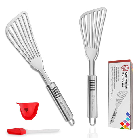 YK GDYORKITCHEN Premium Fish Spatula front view with ergonomic non-slip grip for precise turning.
