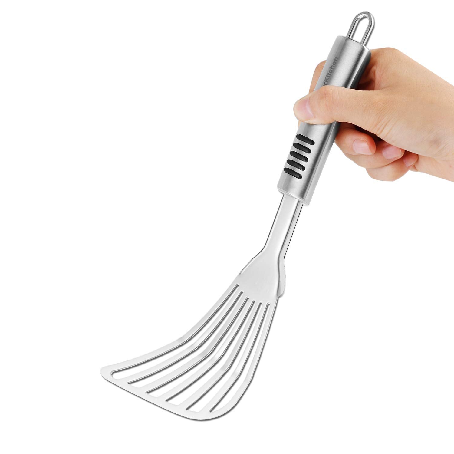 YK GDYORKITCHEN Premium Fish Spatula non-slip handle enables secure flipping during cooking.