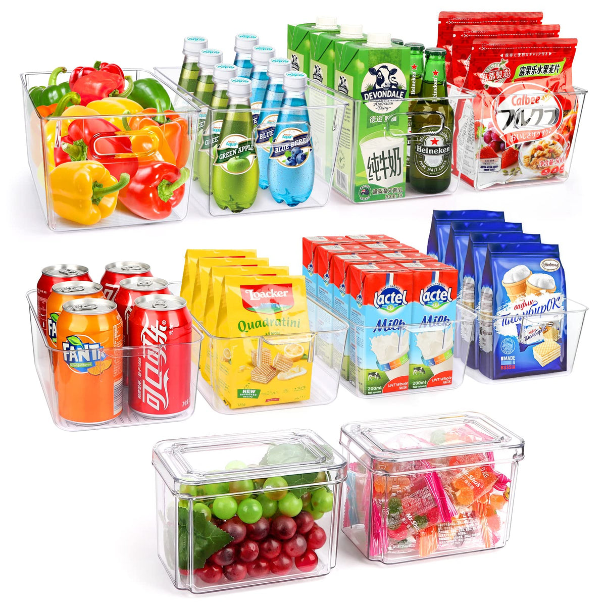 YKIOKE set of 10 clear fridge organizer bins arranged on a shelf for easy access