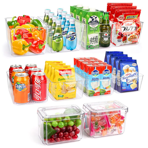 YKIOKE set of 10 clear fridge organizer bins arranged on a shelf for easy access